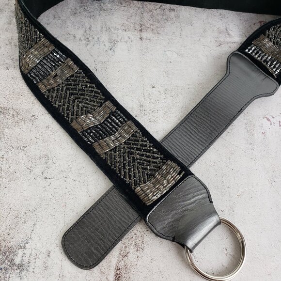 Vintage Beaded Leather Belt L/XL Metallic Bohemian Sequins Evening Festival main image 4